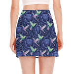 Dark Blue Floral Hummingbird Print Side Slit Mini Skirt