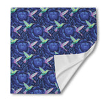 Dark Blue Floral Hummingbird Print Silk Bandana