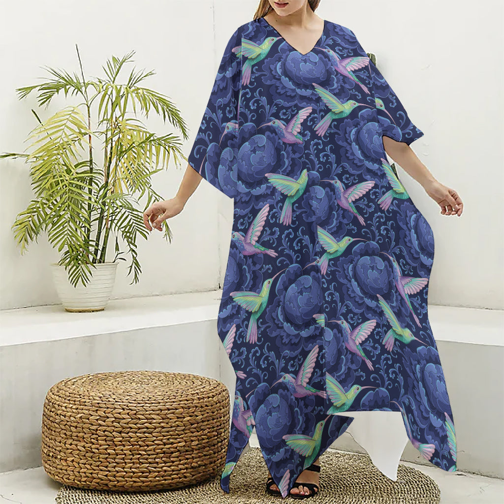 Dark Blue Floral Hummingbird Print Silk V-Neck Kaftan Dress