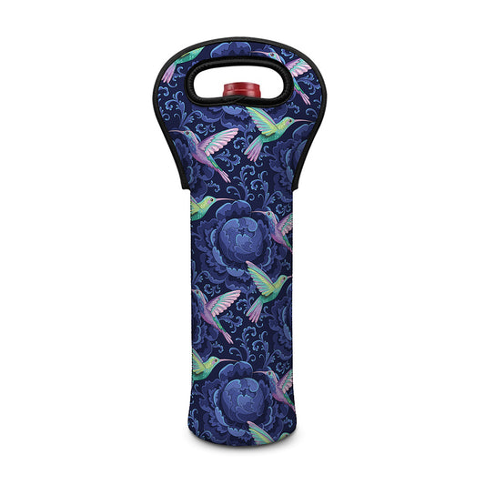 Dark Blue Floral Hummingbird Print Single Neoprene Wine Tote