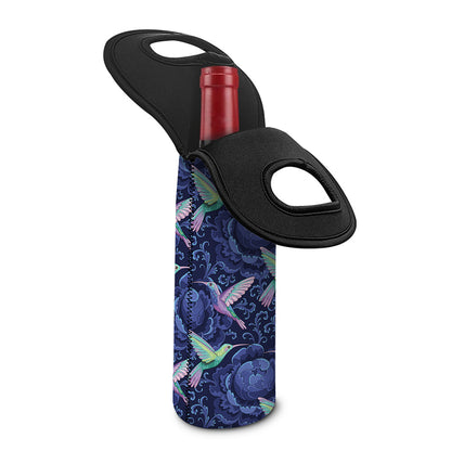 Dark Blue Floral Hummingbird Print Single Neoprene Wine Tote