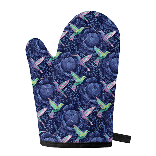 Dark Blue Floral Hummingbird Print Single Oven Mitt