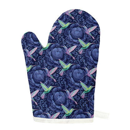 Dark Blue Floral Hummingbird Print Single Oven Mitt