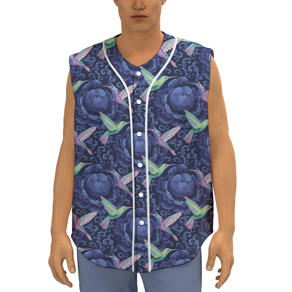 Dark Blue Floral Hummingbird Print Sleeveless Baseball Jersey