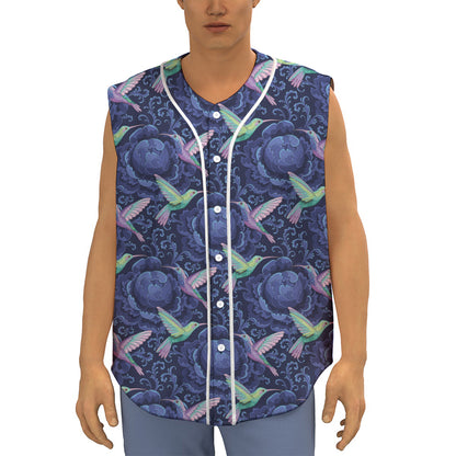 Dark Blue Floral Hummingbird Print Sleeveless Baseball Jersey