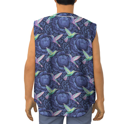 Dark Blue Floral Hummingbird Print Sleeveless Baseball Jersey