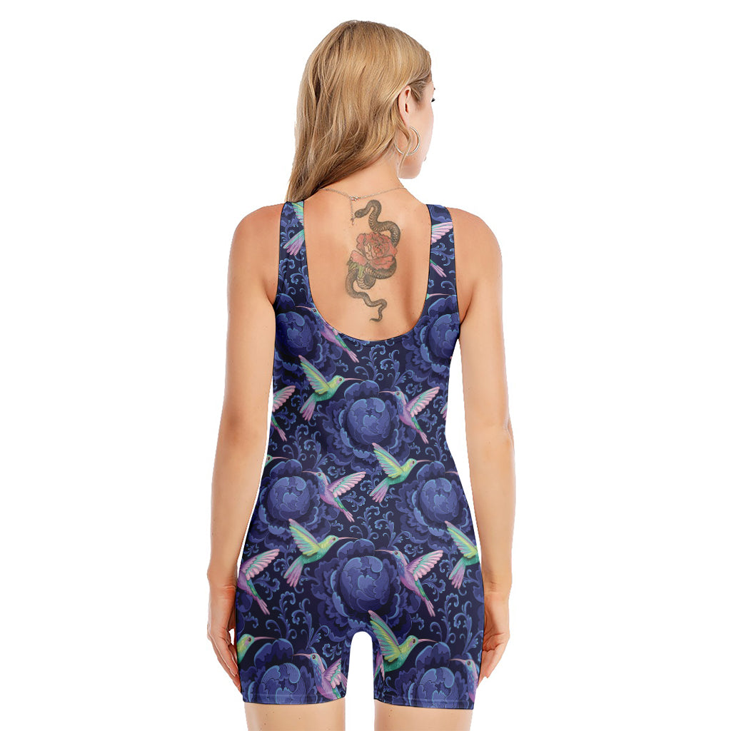 Dark Blue Floral Hummingbird Print Sleeveless One Piece Swimsuit
