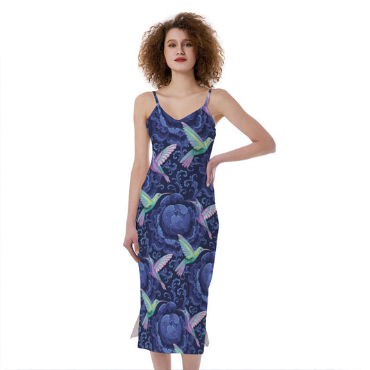Dark Blue Floral Hummingbird Print Slim Fit Midi Cami Dress