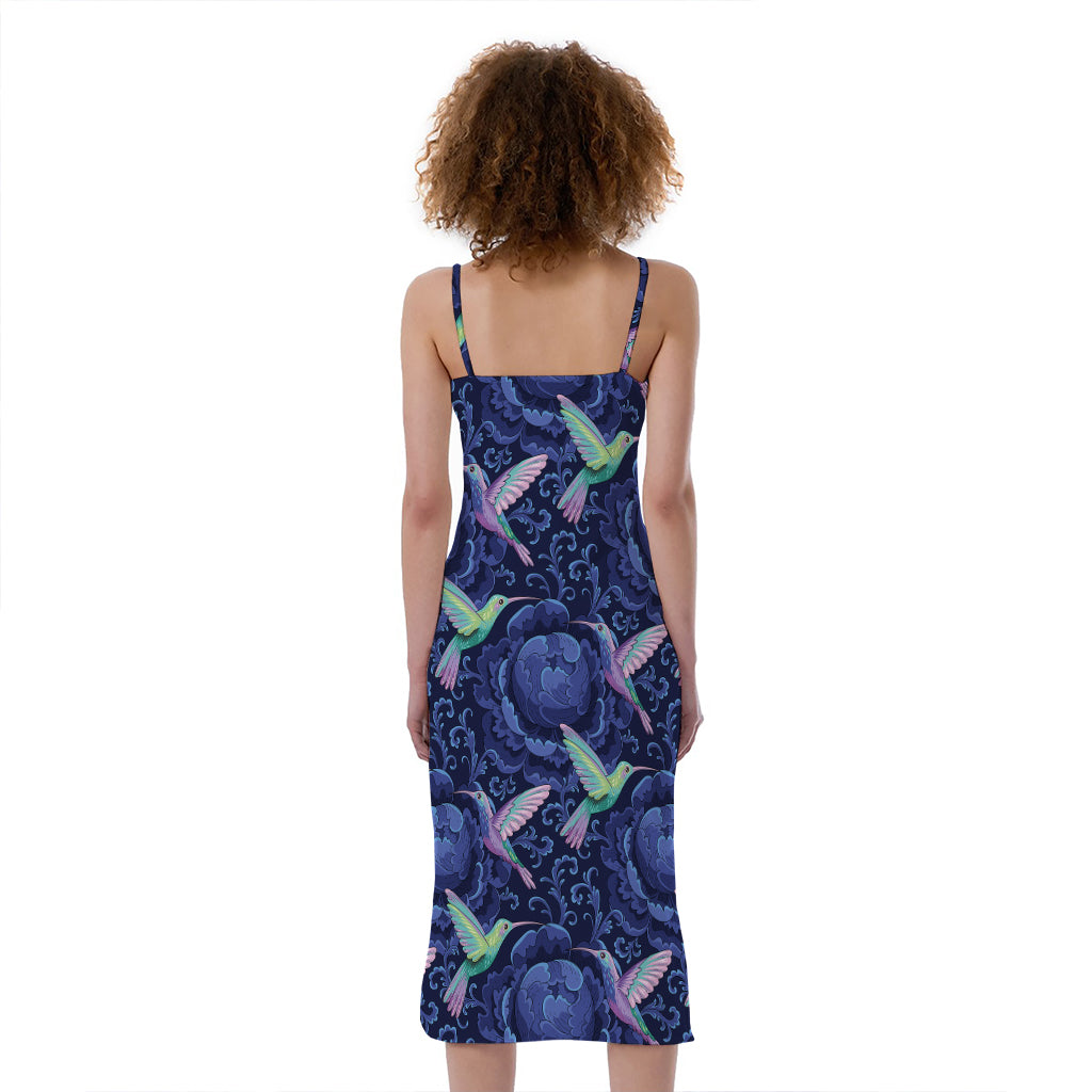 Dark Blue Floral Hummingbird Print Slim Fit Midi Cami Dress