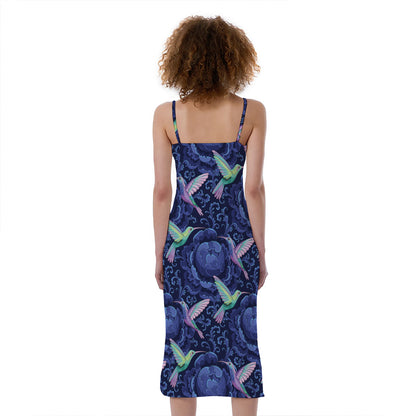 Dark Blue Floral Hummingbird Print Slim Fit Midi Cami Dress