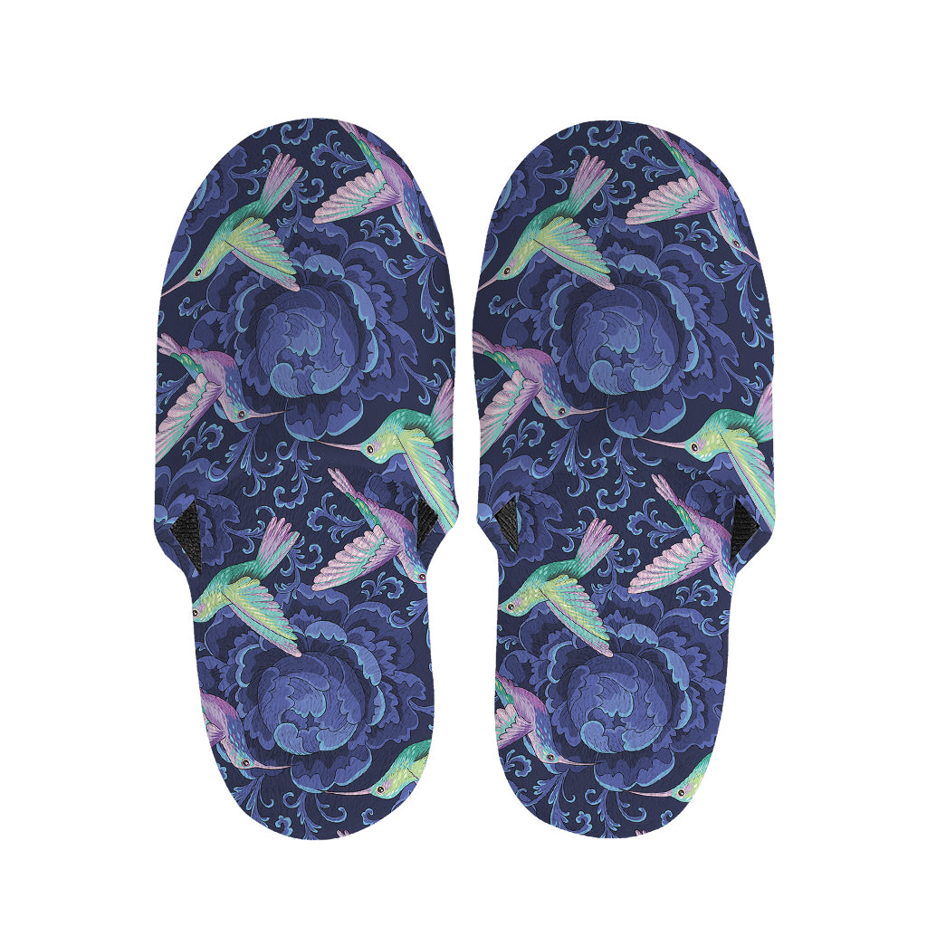 Dark Blue Floral Hummingbird Print Slippers
