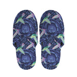 Dark Blue Floral Hummingbird Print Slippers