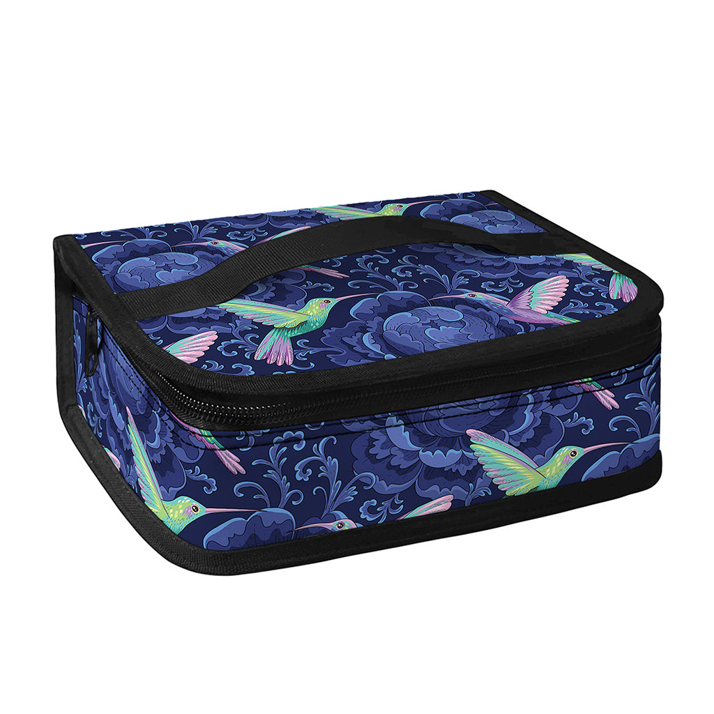 Dark Blue Floral Hummingbird Print Small Lunch Bag