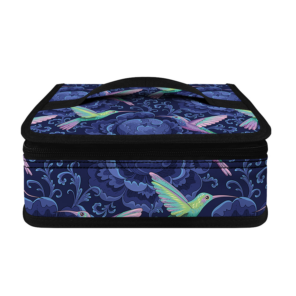 Dark Blue Floral Hummingbird Print Small Lunch Bag