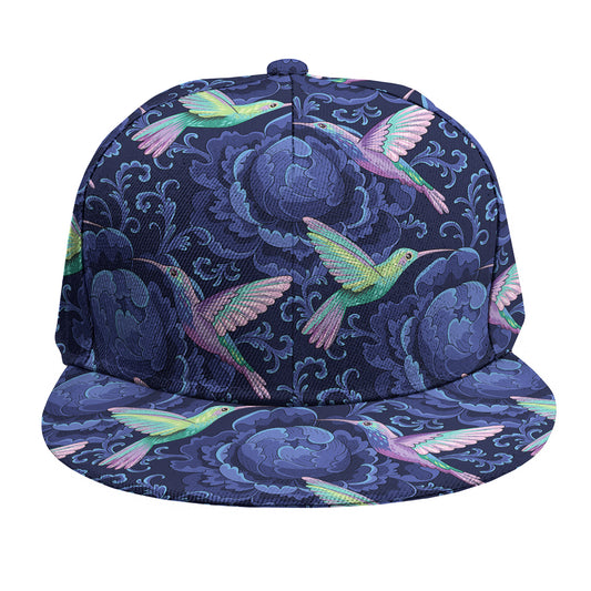 Dark Blue Floral Hummingbird Print Snapback Cap