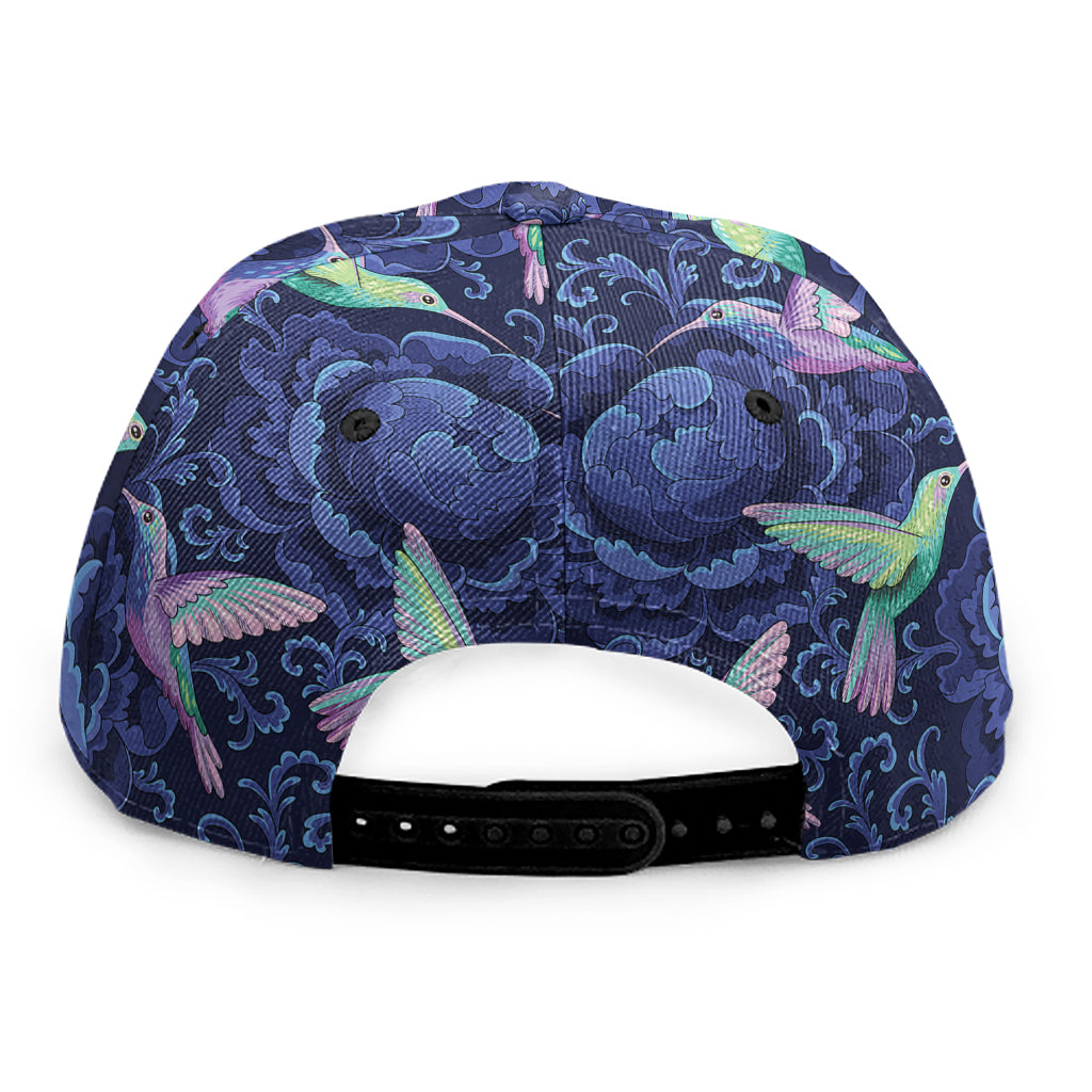 Dark Blue Floral Hummingbird Print Snapback Cap