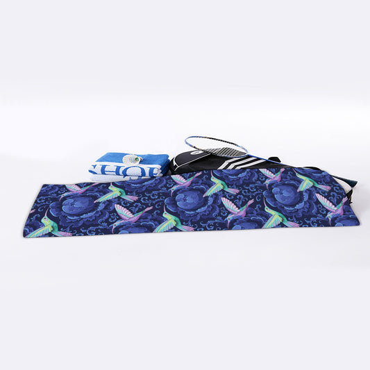 Dark Blue Floral Hummingbird Print Sports Towel