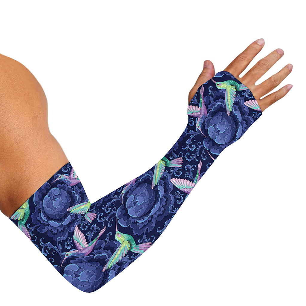 Dark Blue Floral Hummingbird Print Sun Protection Arm Sleeves