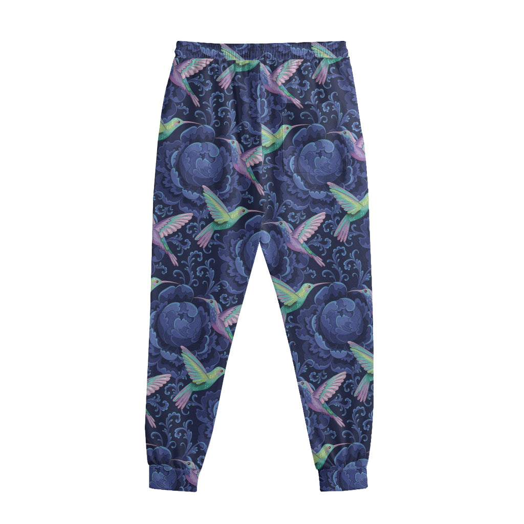 Dark Blue Floral Hummingbird Print Sweatpants
