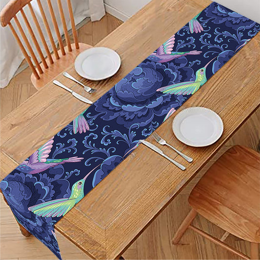 Dark Blue Floral Hummingbird Print Table Runner