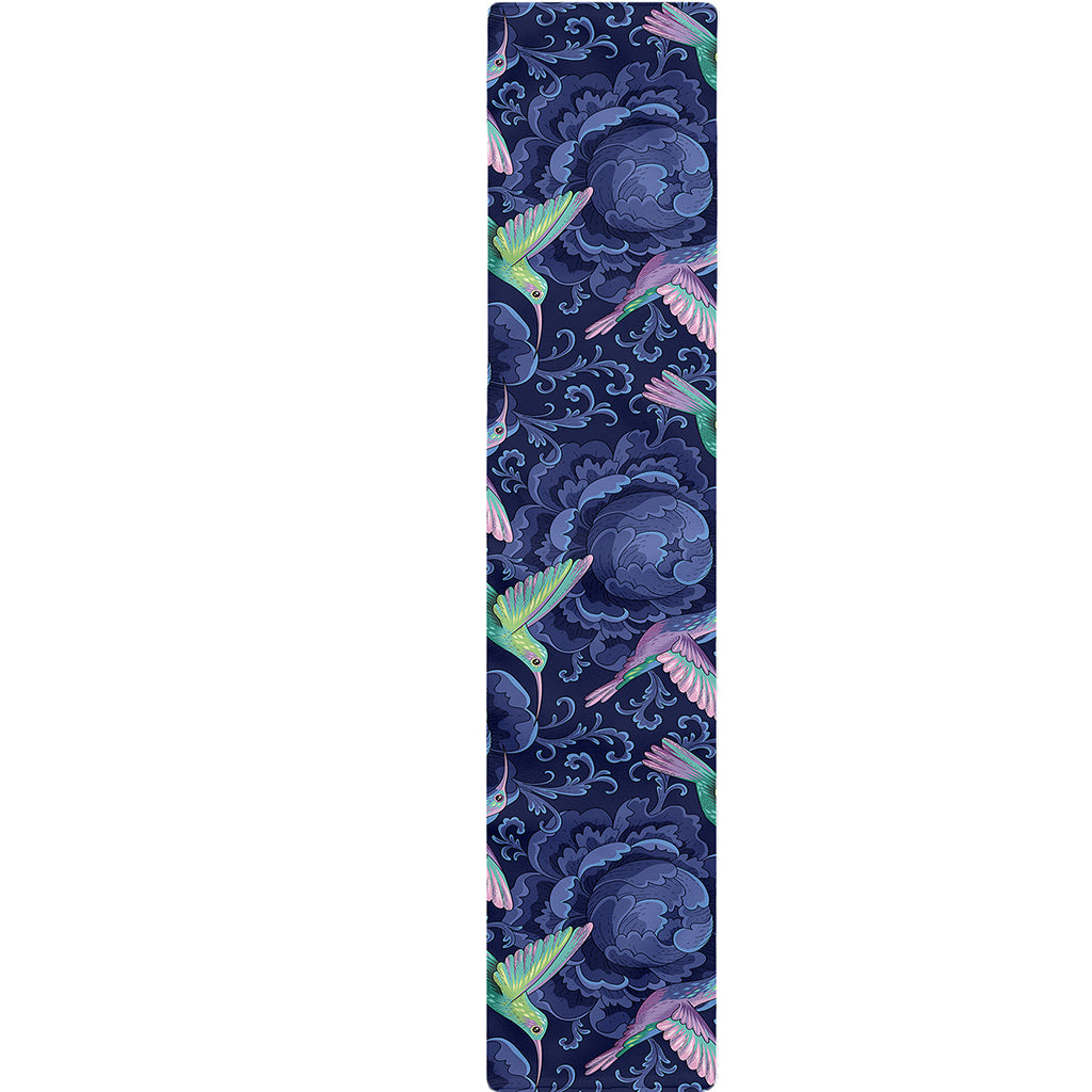 Dark Blue Floral Hummingbird Print Table Runner