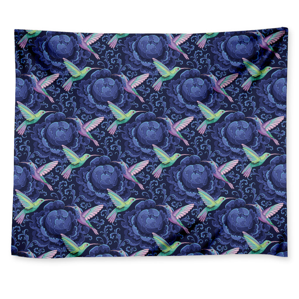Dark Blue Floral Hummingbird Print Tapestry