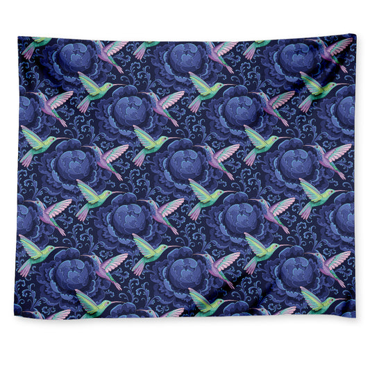 Dark Blue Floral Hummingbird Print Tapestry