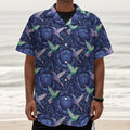 Dark Blue Floral Hummingbird Print Textured Short Sleeve Shirt