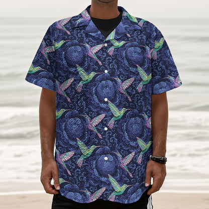 Dark Blue Floral Hummingbird Print Textured Short Sleeve Shirt