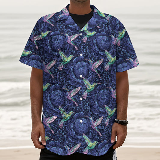 Dark Blue Floral Hummingbird Print Textured Short Sleeve Shirt