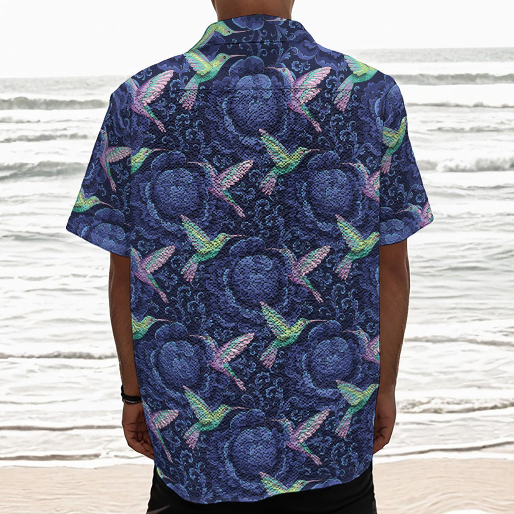 Dark Blue Floral Hummingbird Print Textured Short Sleeve Shirt