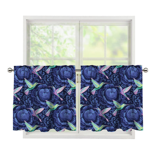 Dark Blue Floral Hummingbird Print Tier Curtains