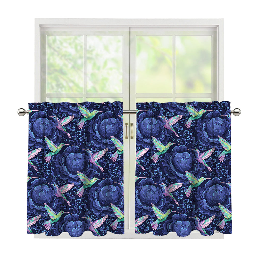 Dark Blue Floral Hummingbird Print Tier Curtains