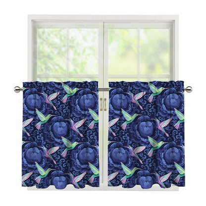 Dark Blue Floral Hummingbird Print Tier Curtains