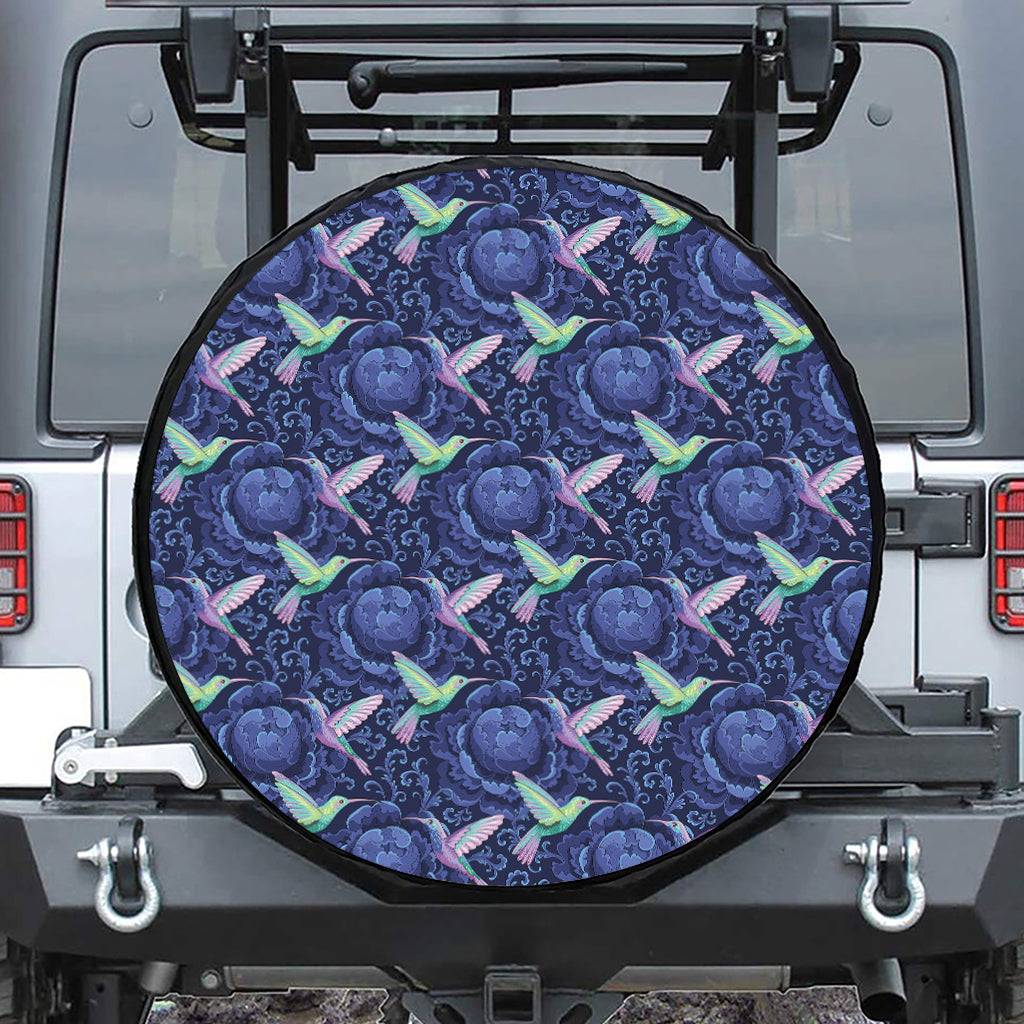 Dark Blue Floral Hummingbird Print Tire Cover