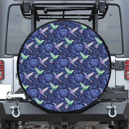 Dark Blue Floral Hummingbird Print Tire Cover