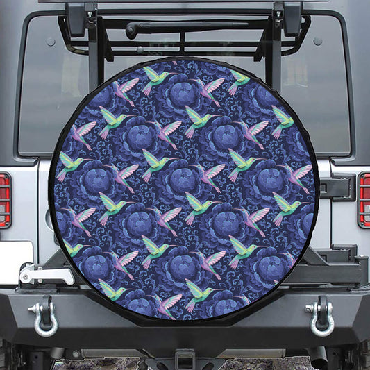 Dark Blue Floral Hummingbird Print Tire Cover