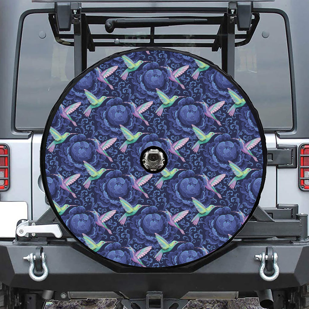 Dark Blue Floral Hummingbird Print Tire Cover With Camera Hole