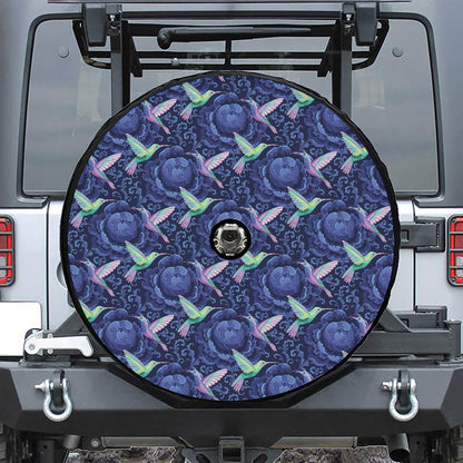 Dark Blue Floral Hummingbird Print Tire Cover With Camera Hole