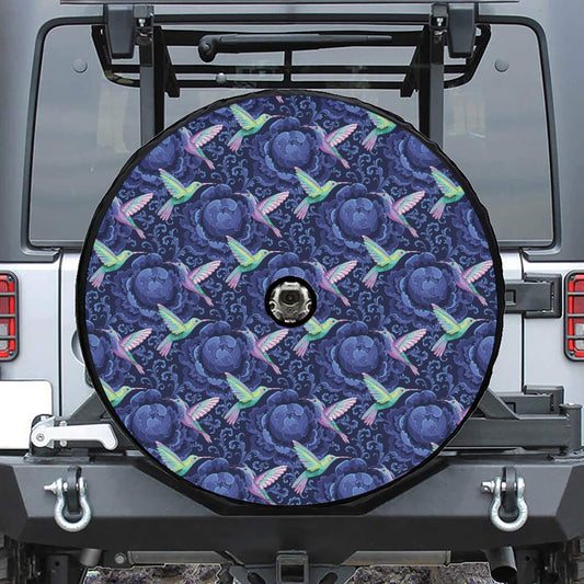 Dark Blue Floral Hummingbird Print Tire Cover With Camera Hole