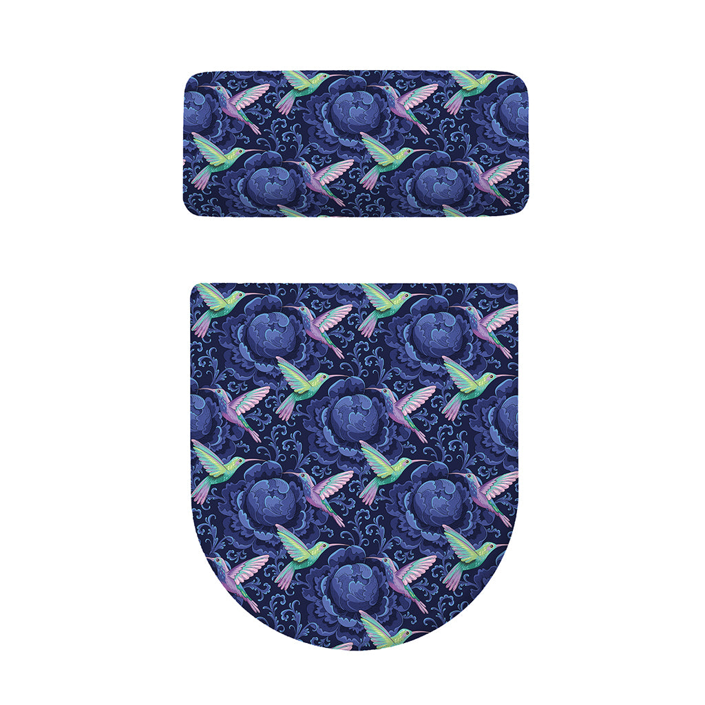 Dark Blue Floral Hummingbird Print Toilet Lid And Tank Cover Set