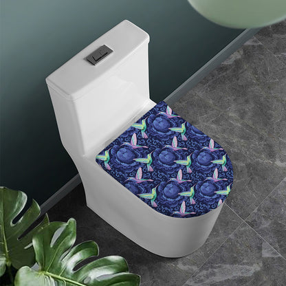 Dark Blue Floral Hummingbird Print Toilet Lid Cover