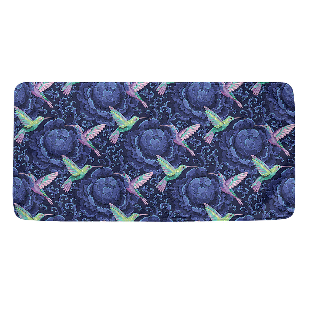 Dark Blue Floral Hummingbird Print Towel