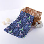 Dark Blue Floral Hummingbird Print Towel