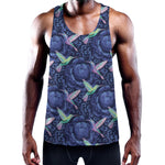 Dark Blue Floral Hummingbird Print Training Tank Top