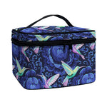 Dark Blue Floral Hummingbird Print Travel Makeup Bag