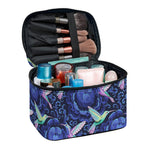 Dark Blue Floral Hummingbird Print Travel Makeup Bag