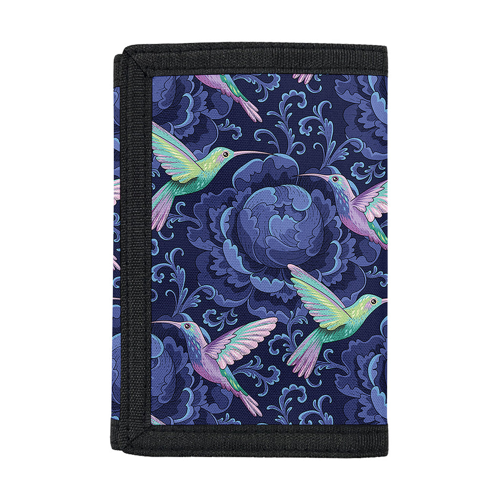 Dark Blue Floral Hummingbird Print Trifold Wallet