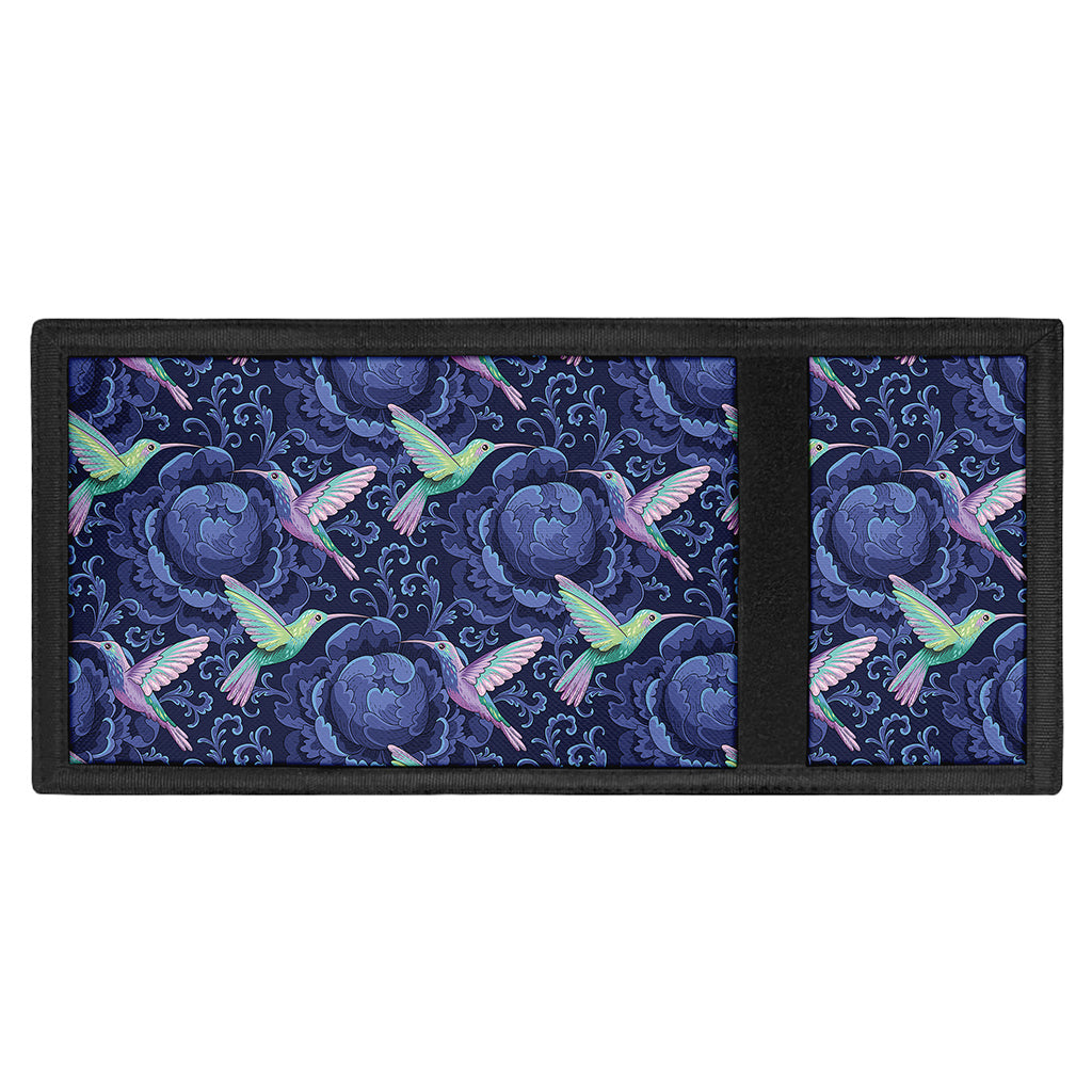 Dark Blue Floral Hummingbird Print Trifold Wallet