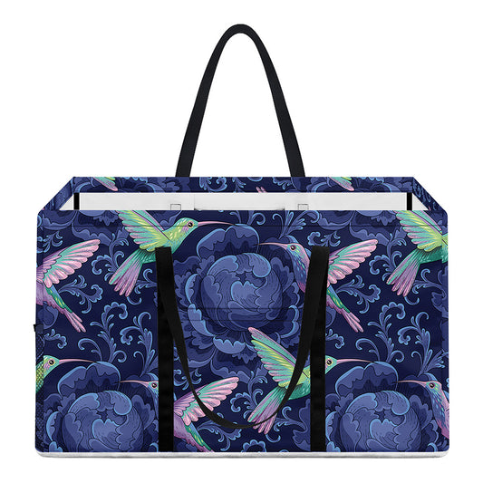 Dark Blue Floral Hummingbird Print Utility Tote Bag